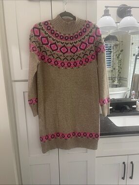 LOFT Beige Sweater Dress with Pink Fair Isle Yoke